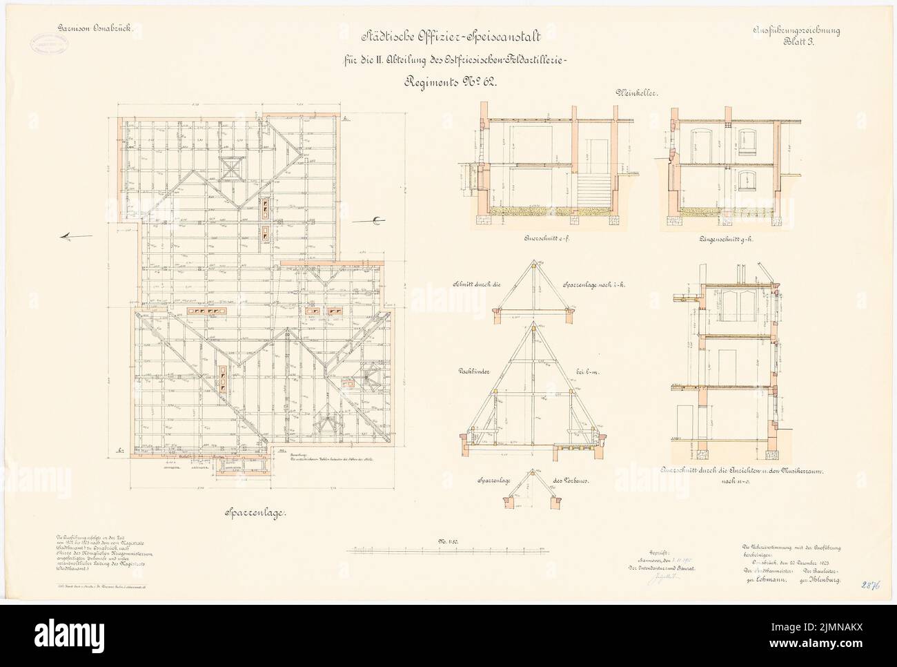 Unbekannter Architekt, Garnisonsbeamte in Osnabrück (1902-1903): Grundrisssparren, Längsschnitt, Querschnitte 1:50. Lithographie, 71,3 x 105,8 cm (einschließlich Scankanten) Stockfoto