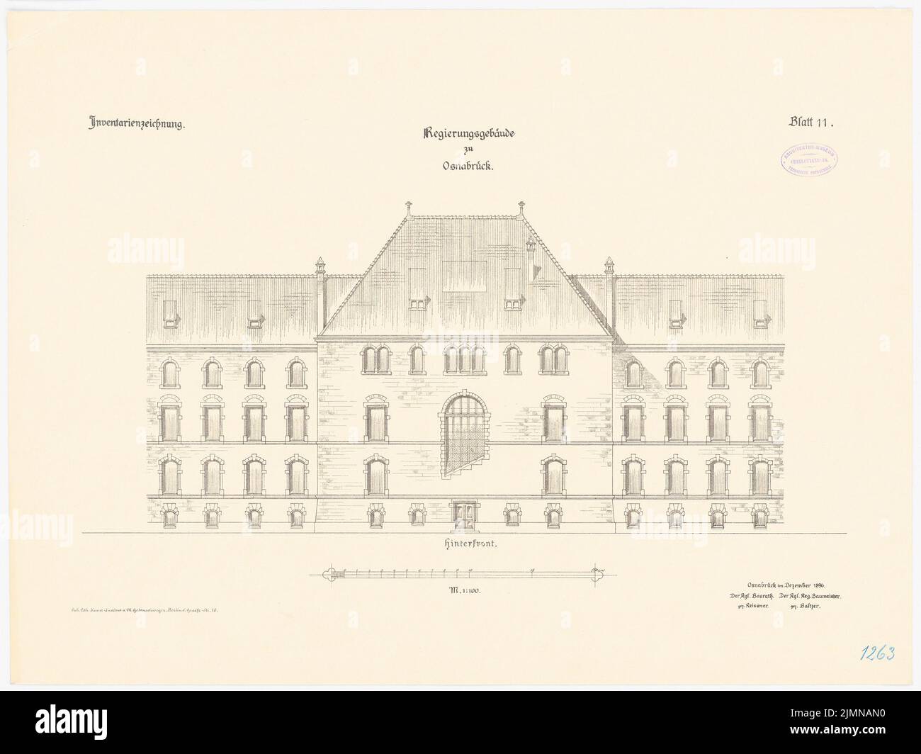 Unbekannter Architekt, Regierungsgebäude in Osnabrück (1896): Riss Rückansicht 1: 100. Lithographie, 54,5 x 72,7 cm (einschließlich Scankanten) Stockfoto
