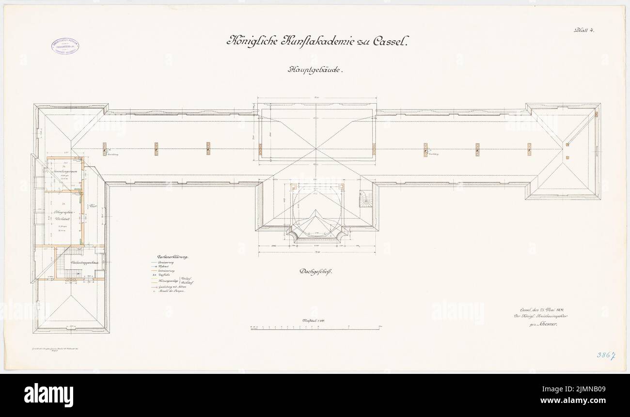 Bohnstedt Alfred (1854-1906), Kunstakademie Kassel. Hauptgebäude (ca. 1909): Lageplan DG 1: 100. Lithographie, 61,1 x 102,9 cm (einschließlich Scankanten) Stockfoto