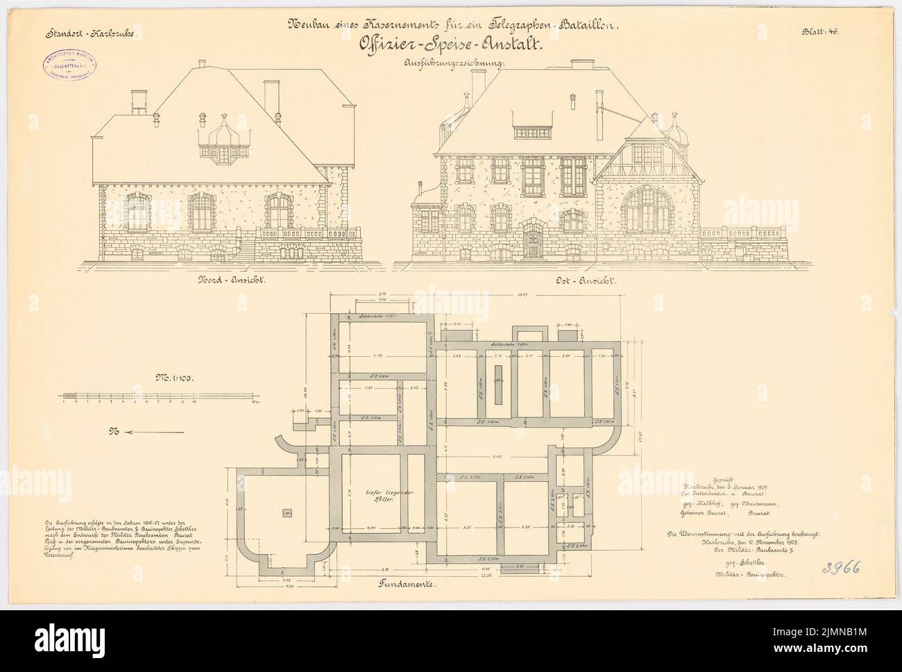 Pfaff, Kaserne für ein Telegrafenbataillon, Karlsruhe. Officer-Fish Institute (1906-1907): Grundriss Foundations, N, O view, 1: 100. Lithographie, 51,4 x 76,1 cm (einschließlich Scankanten) Stockfoto