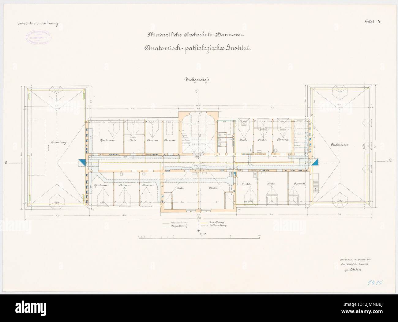 Unbekannter Architekt, Veterinäruniversität in Hannover. Anatomisch-pathologisches Institut (ca. 1900): Grundriß Obergeschoß 1: 100. Lithographie, 51 x 69 cm (einschließlich Scankanten) Stockfoto