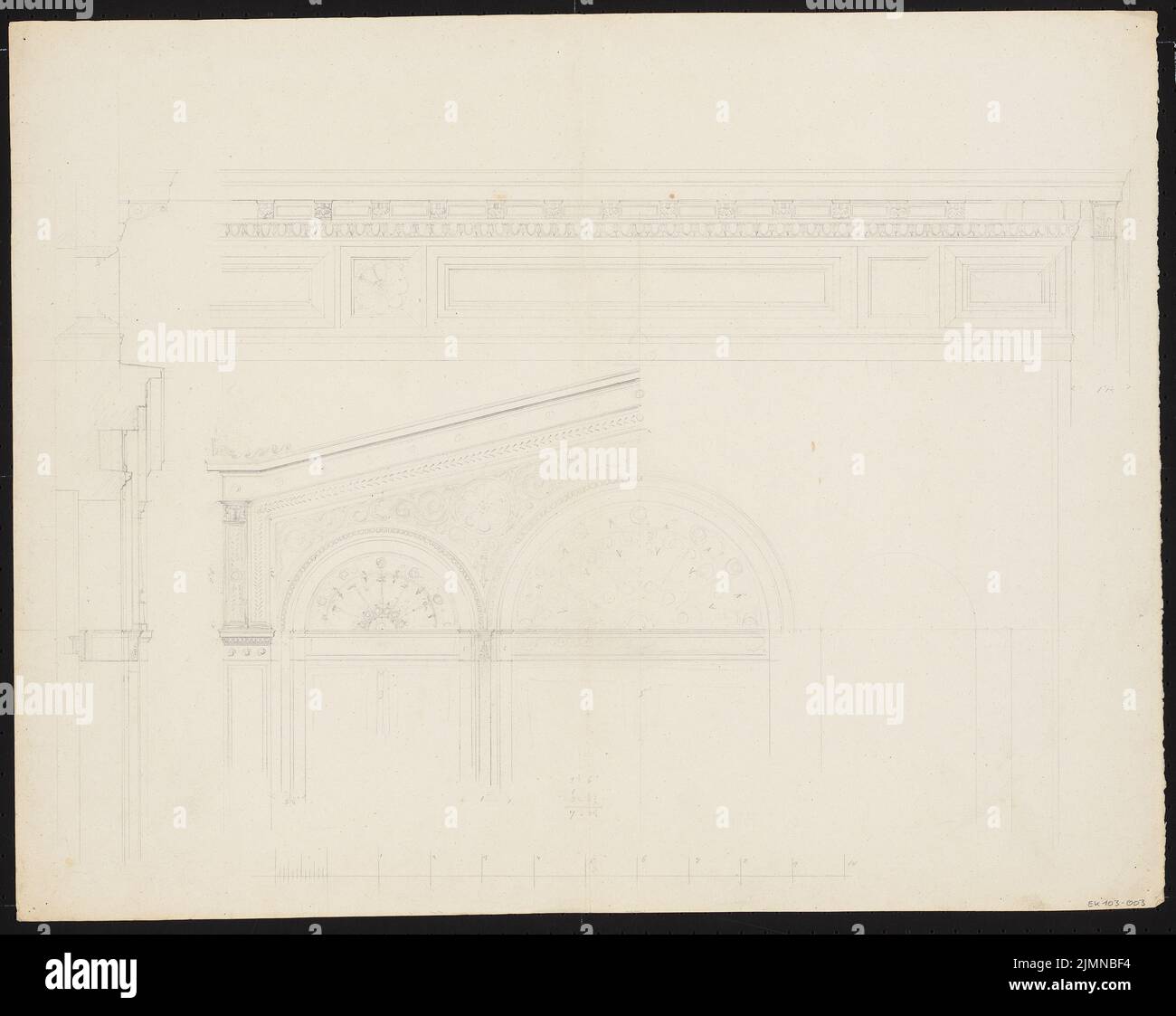 Knoblauch Eduard (1801-1865), Dannenberger Wohnhaus in Berlin-Tiergarten (1835): Fassadendetails, Giebel, Dachfriesen und Balken, Ansicht, Schnitt. Bleistift, 54,9 x 69,1 cm (einschließlich Scankanten) Stockfoto