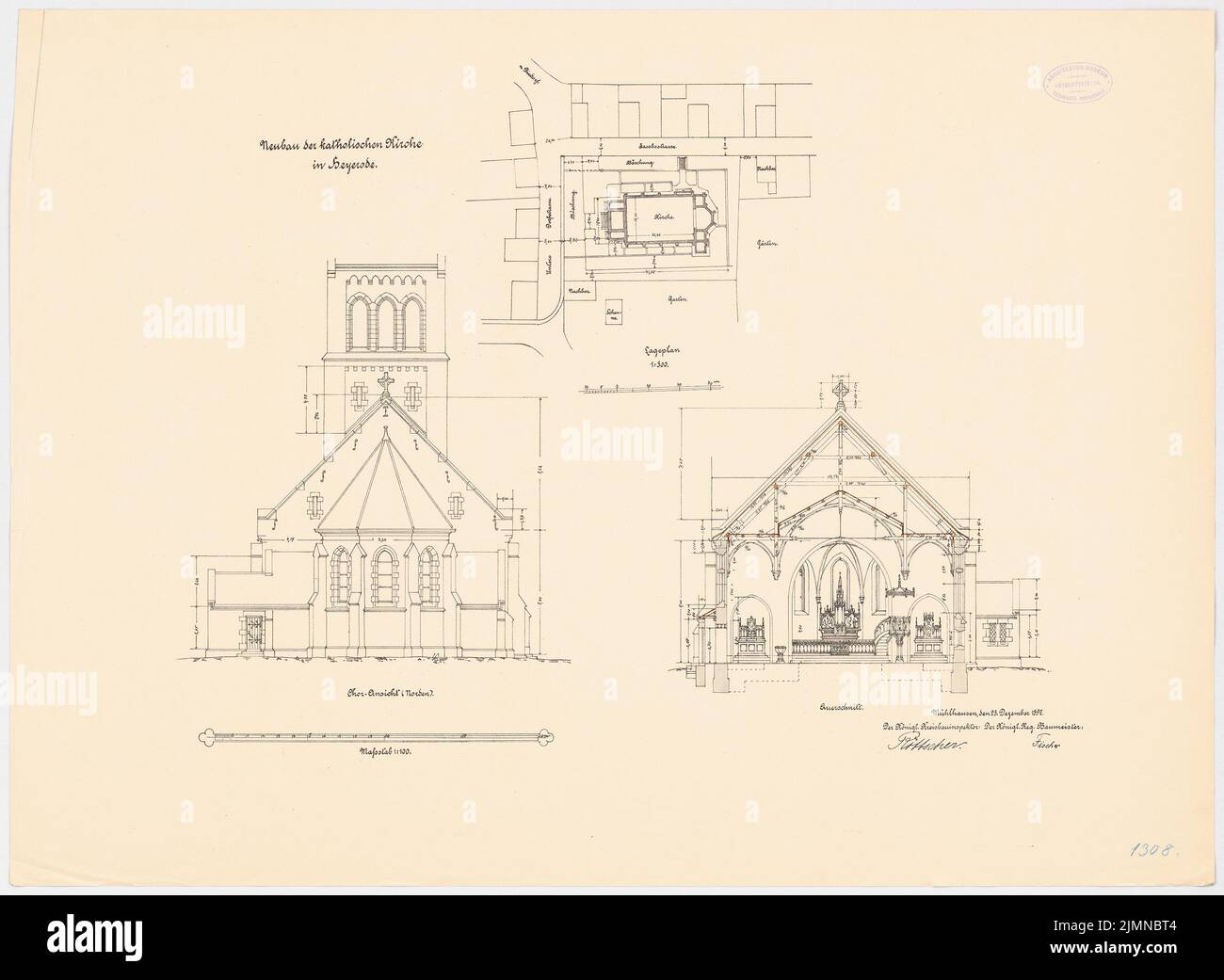 Unbekannter Architekt, katholische Kirche in Heyerode (ca. 1897): Lageplan 1: 500; Nordansicht, Querschnitt 1: 100. Lithographie, 58,1 x 79,4 cm (einschließlich Scankanten) Stockfoto