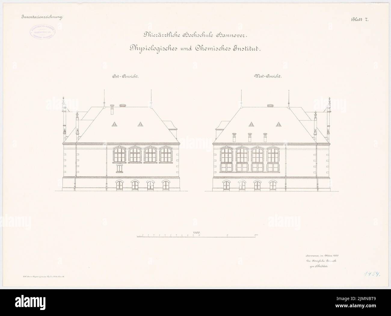 Unbekannter Architekt, Veterinäruniversität in Hannover. Physiologisches und chemisches Institut (ca. 1900): Osternansicht, Westansicht 1: 100. Lithographie, 51 x 69,1 cm (einschließlich Scankanten) Stockfoto