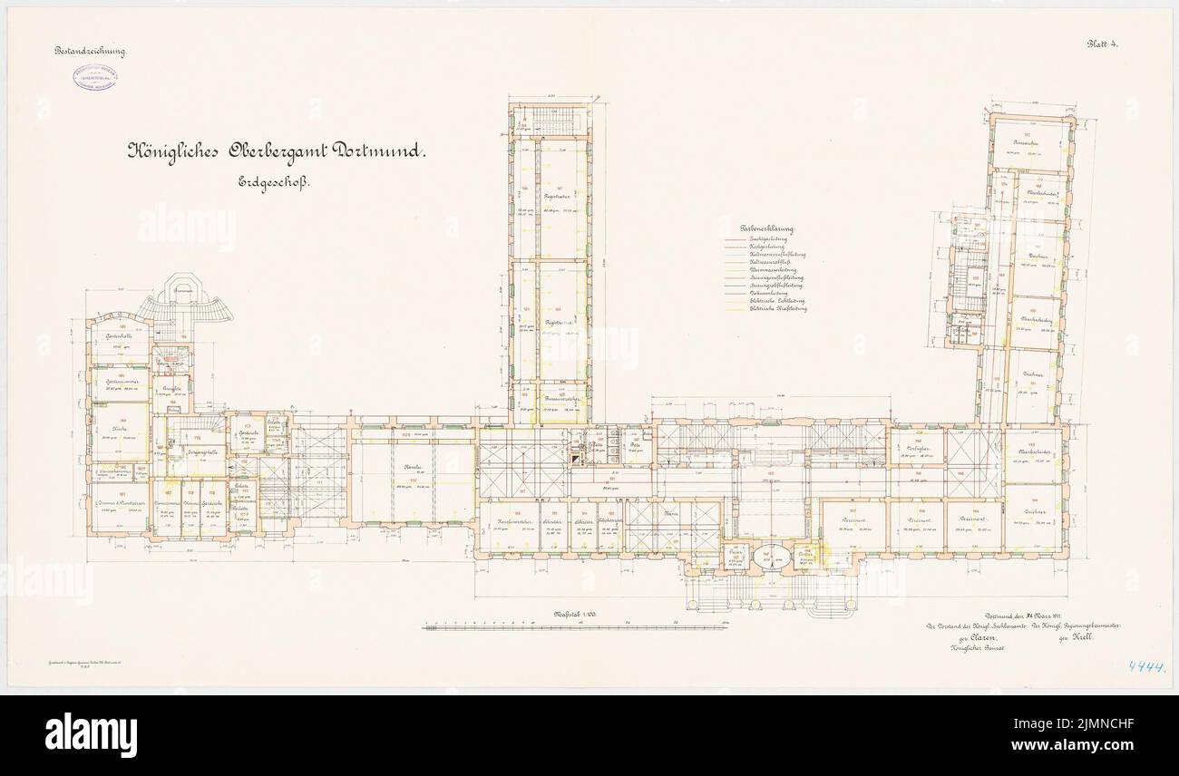 Delius, Oberbergamt in Dortmund (31. März 1911): Grundriss EG 1: 100. Lithographie farbig, 71,3 x 121 cm (einschließlich Scankanten) Stockfoto