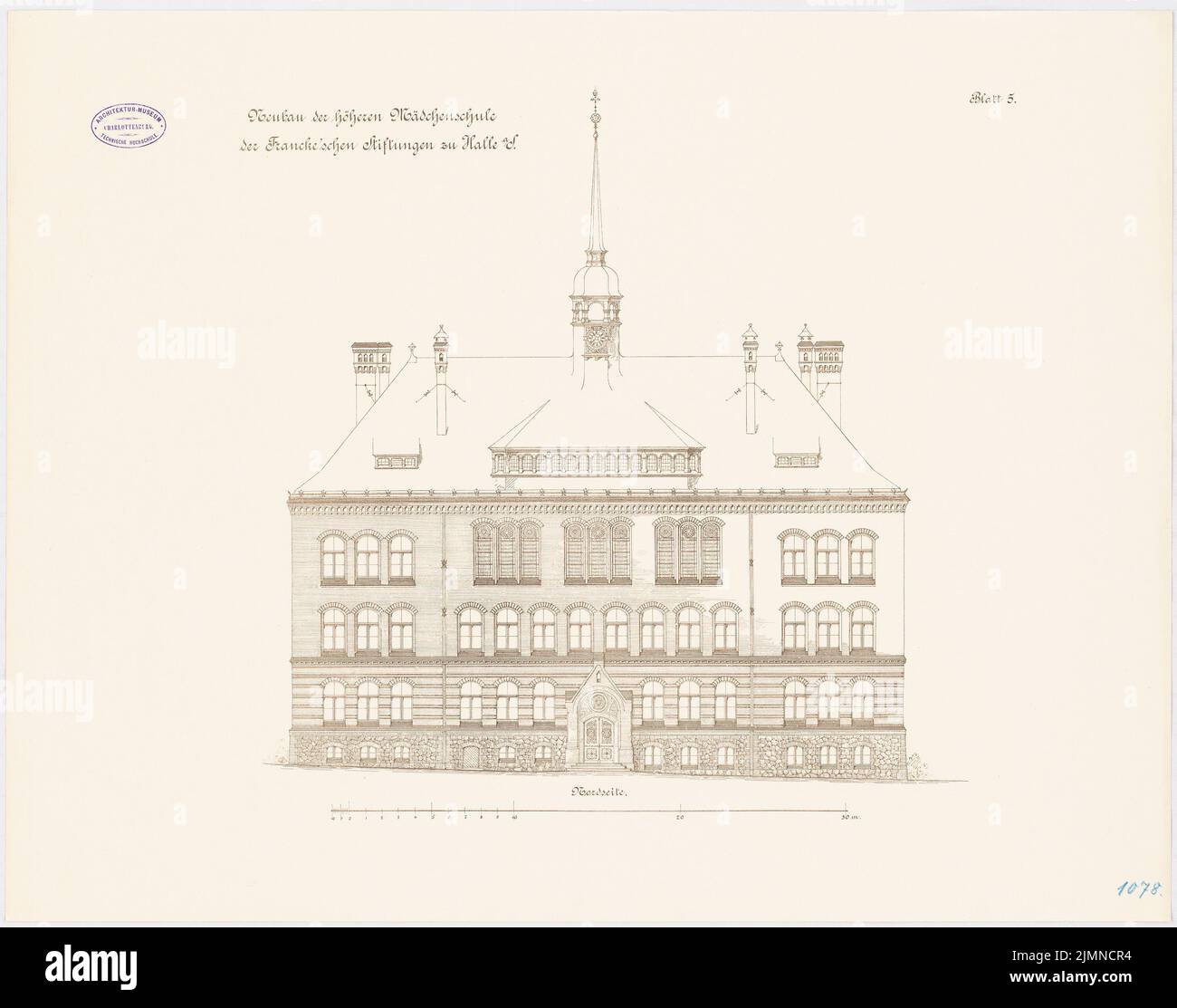 Unbekannter Architekt, höhere Schule der Francke-Stiftung in Halle/Saale. Schulhaus (1896): Northern Evest Northern Empire. Lithographie, 55,7 x 70,7 cm (einschließlich Scankanten) Stockfoto