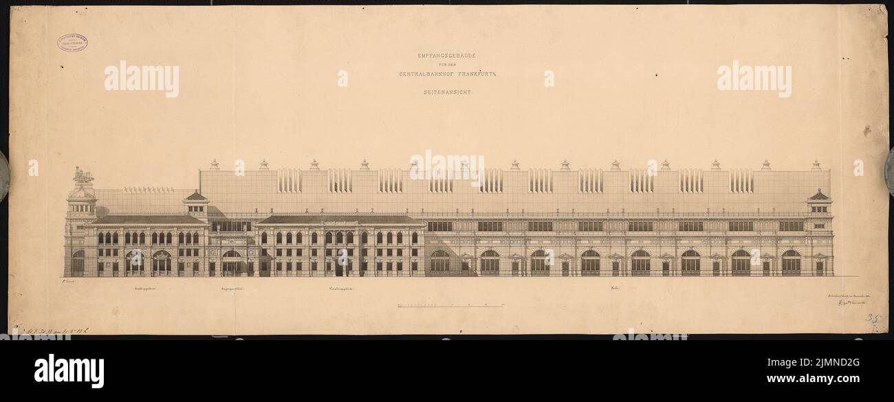 Eggert Hermann (1844-1920), Hauptbahnhof in Frankfurt am Main. Rezeptionsgebäude (11,1880): Seitenansicht. Tusche-Aquarell auf der Schachtel, 50,4 x 132,4 cm (einschließlich Scankanten) Stockfoto