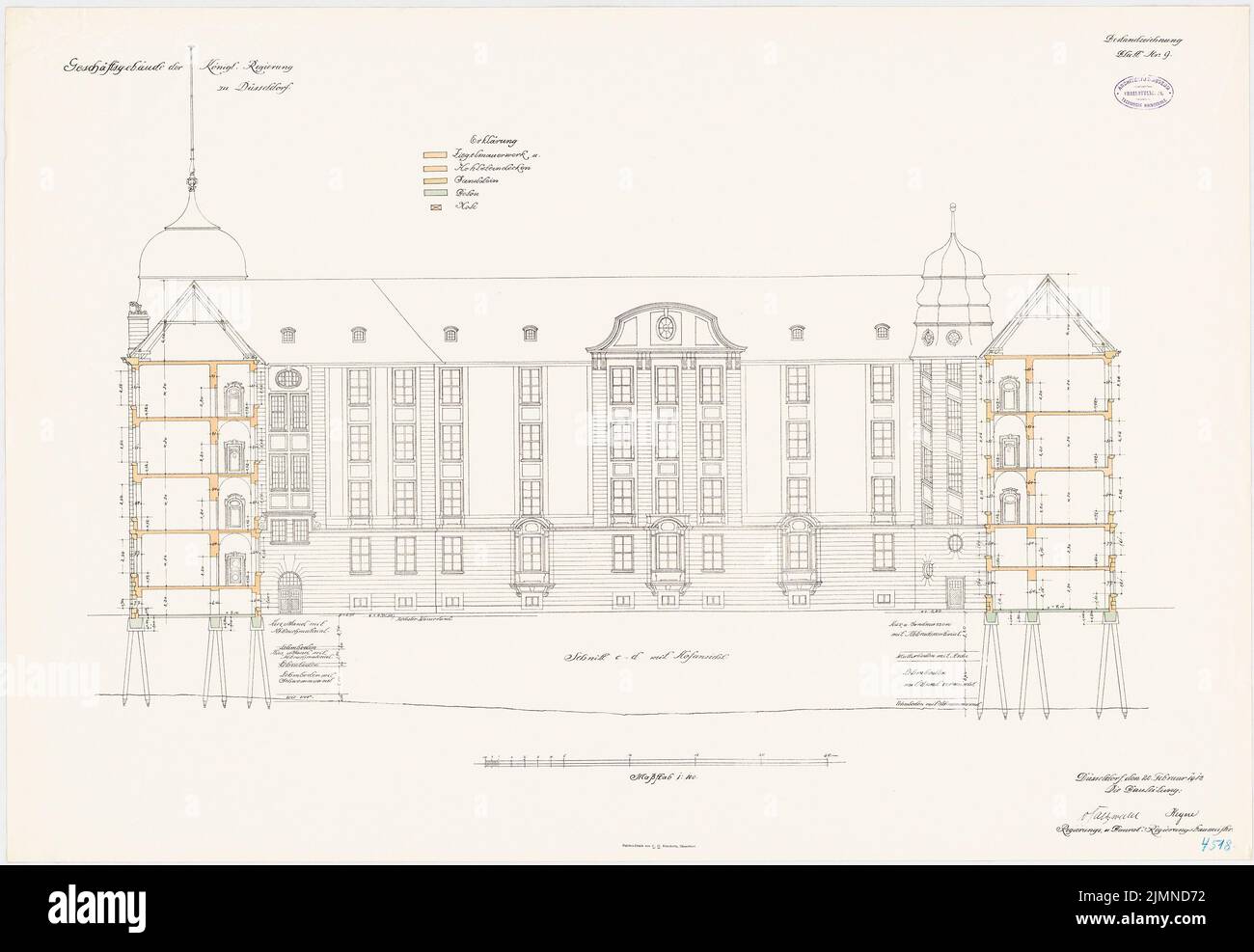 Kieschke Paul (1851-1905), Geschäftsgebäude der königlichen Regierung, Düsseldorf (20. Februar 1912): Querschnitt 1: 100. Lithographie farbig, 65,9 x 95,4 cm (einschließlich Scankanten) Stockfoto