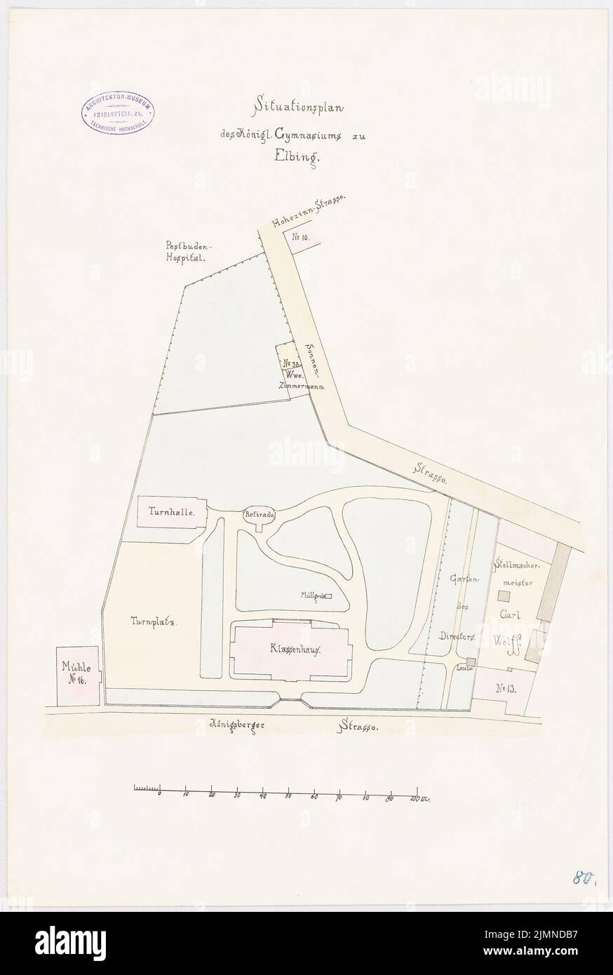 Unbekannter Architekt, Gymnasium in Elbing (ca. 1886/1887): Lageplan 1: 600. Lithographie, 56 x 37,7 cm (einschließlich Scankanten) Stockfoto