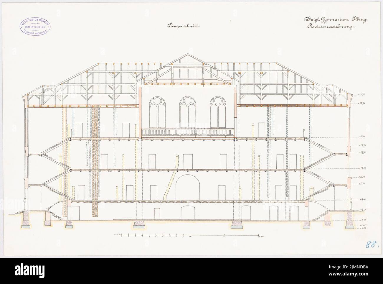Unbekannter Architekt, Gymnasium in Elbing (ca. 1886/1887): Längsschnitt 1: 100. Lithographie, 37,7 x 56 cm (einschließlich Scankanten) Stockfoto