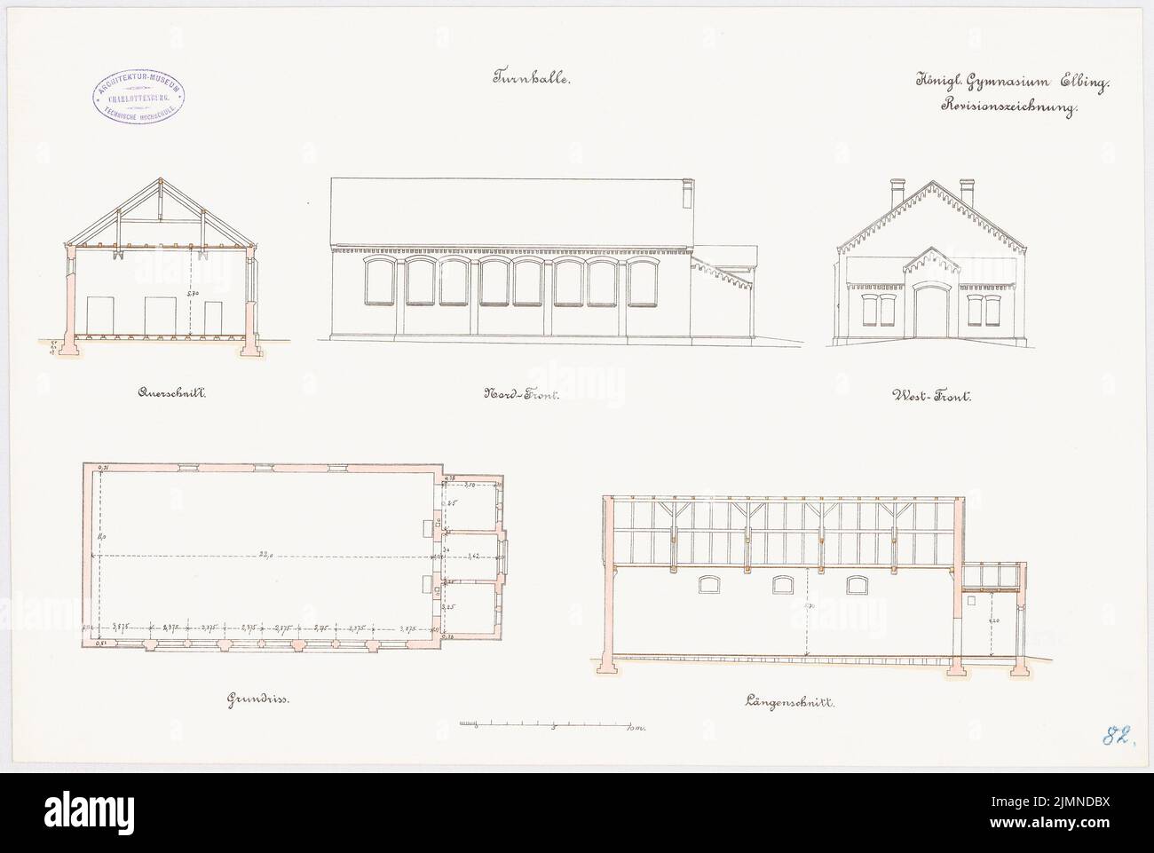 Unbekannter Architekt, Gymnasium in Elbing. Fitnessraum (ca. 1886/1887): Grundriß, Nordseite, Westseite, Längsschnitt, Querschnitt. Lithographie, 37,7 x 56,3 cm (einschließlich Scankanten) Stockfoto