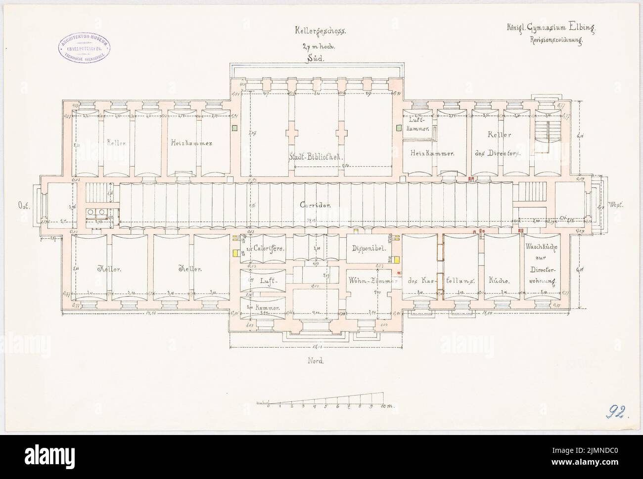 Unbekannter Architekt, Gymnasium in Elbing (ca. 1886/1887): Grundriss Keller 1: 100. Lithographie, 37,6 x 55,6 cm (einschließlich Scankanten) Stockfoto