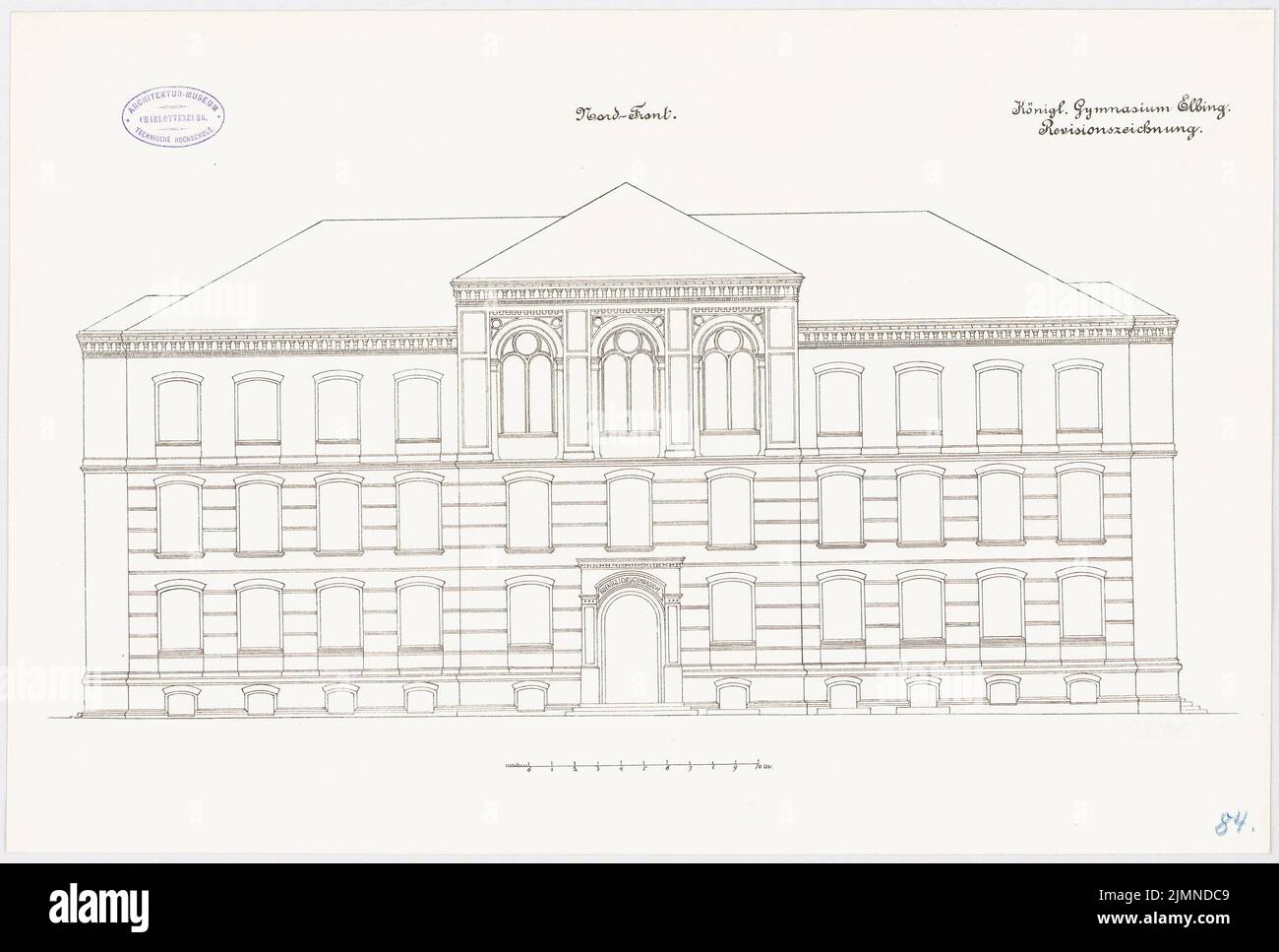 Unbekannter Architekt, Gymnasium in Elbing (ca. 1886/1887): Obere Nordseite 1: 100. Lithographie, 37,8 x 56 cm (einschließlich Scankanten) Stockfoto