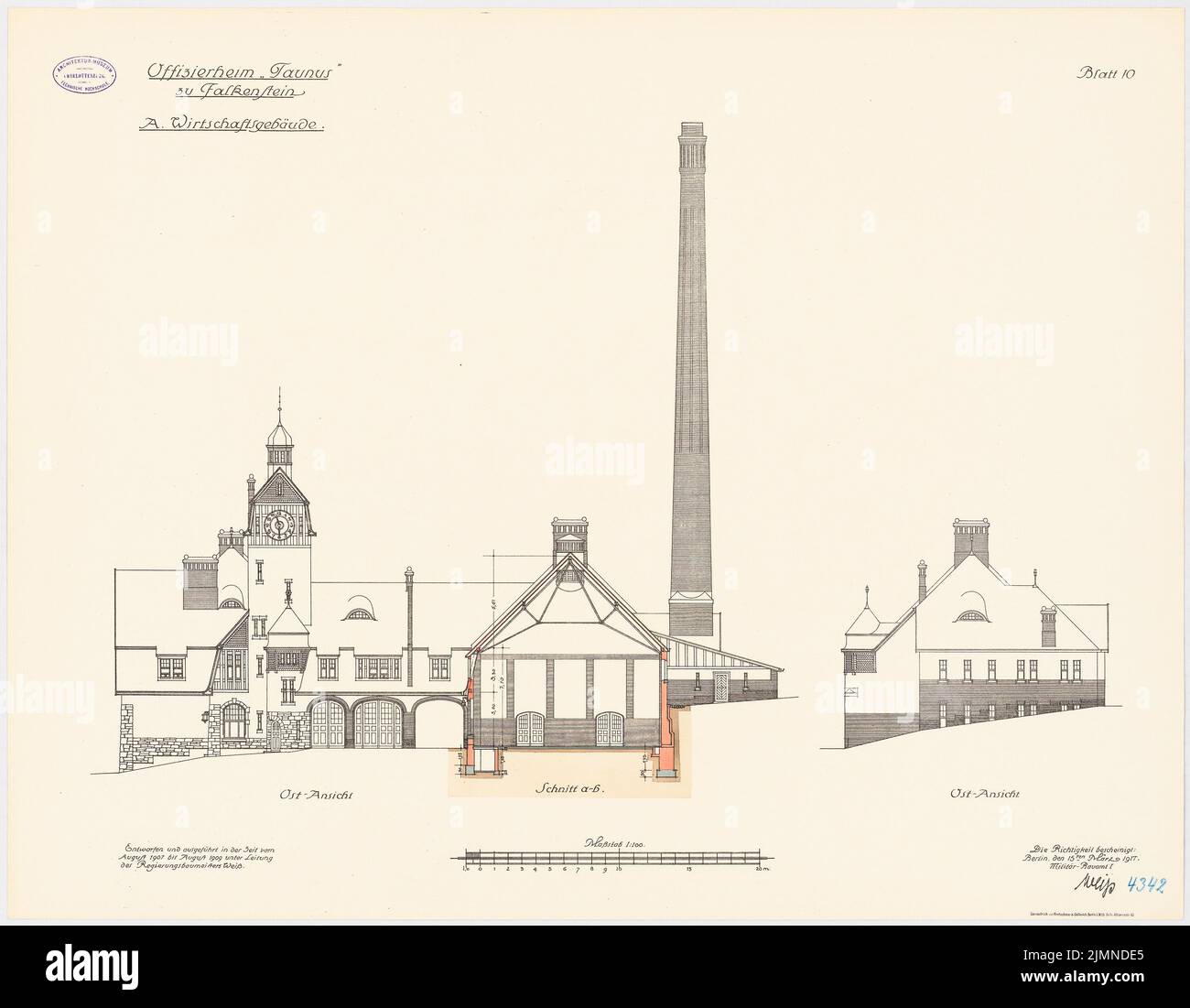 Unbekannter Architekt, Officersheim Taunus in Falkenstein. Hofgebäude (1907-1909): Osternansicht, Querschnitt 1: 100. Lithographie, 66,1 x 85 cm (einschließlich Scankanten) Stockfoto