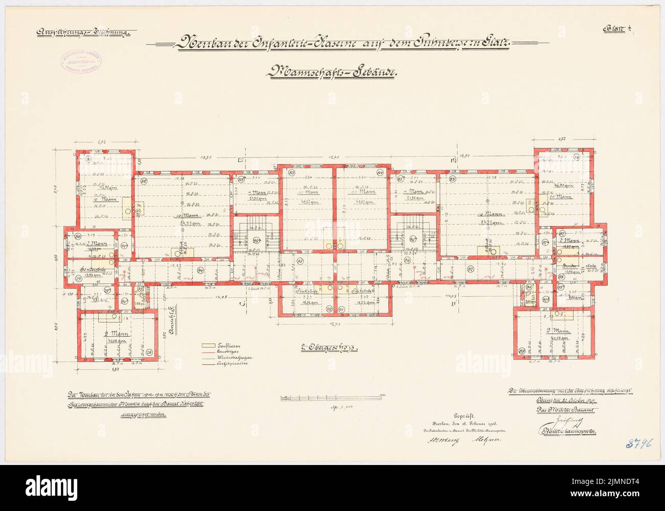 Unbekannter Architekt, Infanteriekaserne auf der Puhnberge in Glatz. Teambuilding (1902-1906): Grundriß 2. Stockwerk 1: 100. Lithographie, 51 x 72,8 cm (einschließlich Scankanten) Stockfoto