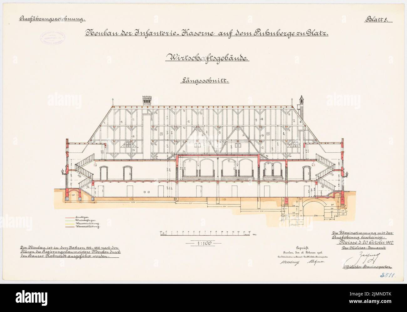 Unbekannter Architekt, Infanteriekaserne auf der Puhnberge in Glatz. Betriebsgebäude (1902-1906): Längsschnitt 1: 100. Lithographie, 51,2 x 73,2 cm (einschließlich Scankanten) Stockfoto