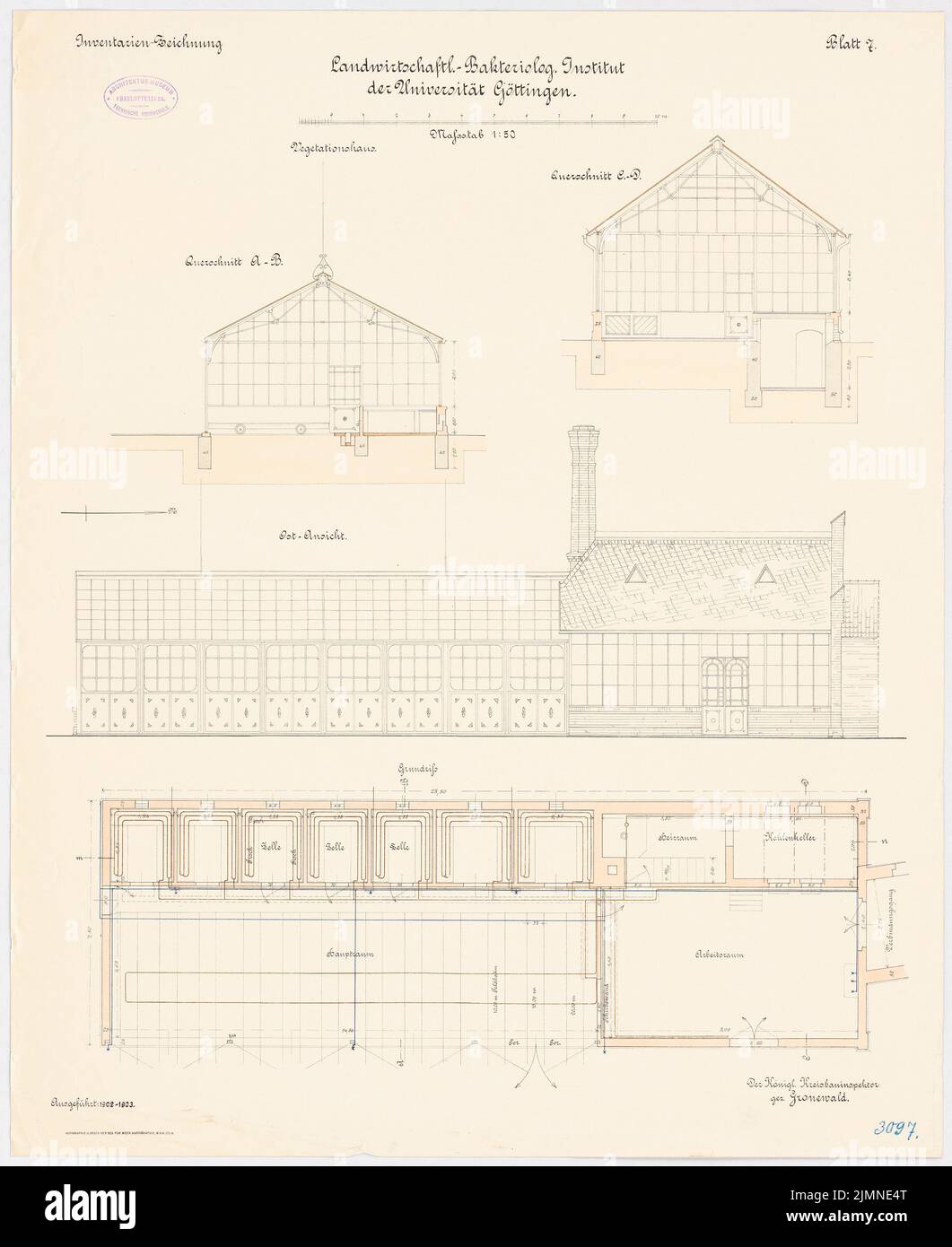 Unbekannter Architekt, landwirtschaftlich-bakteriologisches Institut der Universität Göttingen (1904-1905): Vegetationshaus: Grundriß Erdgeschoss, offene Ostansicht, Querschnitte 1: 100. Lithographie, 71,1 x 58,1 cm (einschließlich Scankanten) Stockfoto