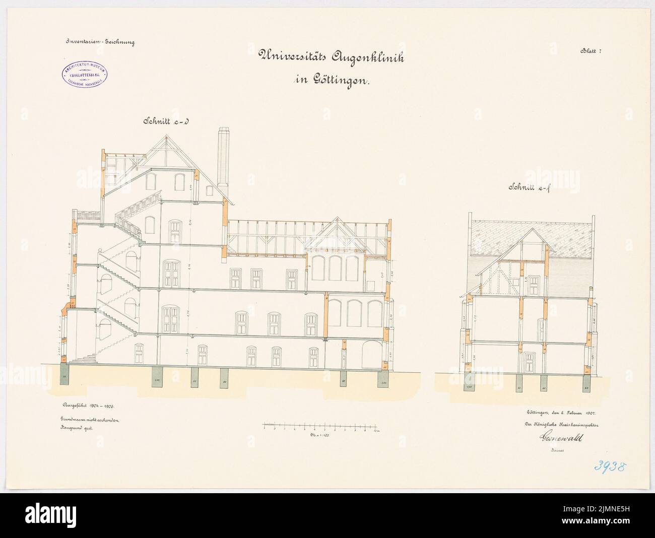 Unbekannter Architekt, Augenklinik der Universität Göttingen (1904-1906): Querschnitte 1: 100. Lithographie, 49,1 x 65,2 cm (einschließlich Scankanten) Stockfoto