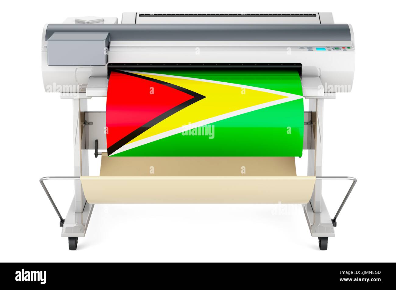 Großformatdrucker, Plotter mit guyanischer Flagge. 3D Darstellung isoliert auf weißem Hintergrund Stockfoto