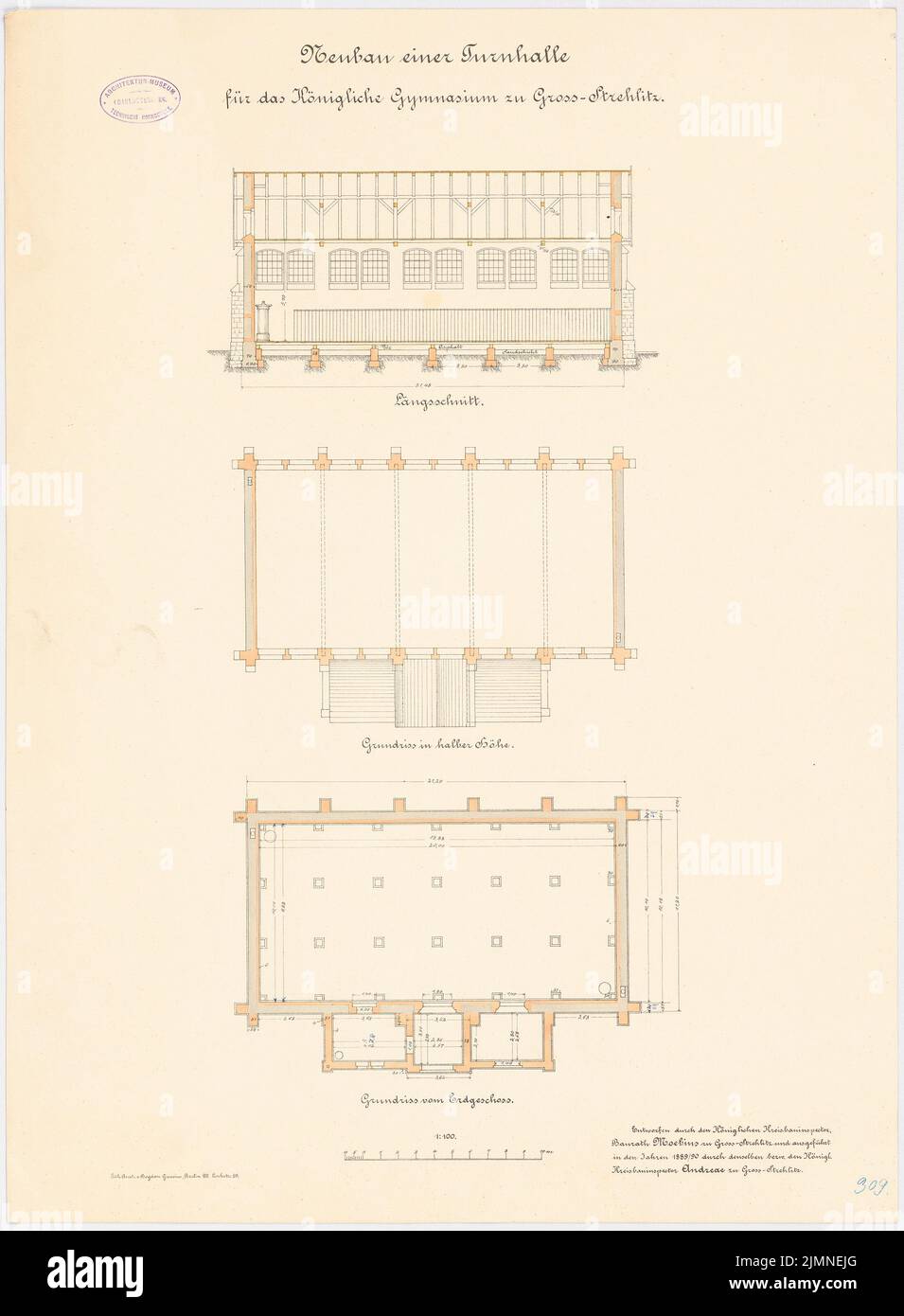 Moebius, Gymnasium in Groß-Strehlitz. Fitnessstudio (1889-1890): Grundrisse, Längsschnitt 1: 100. Lithographie, 68,8 x 50,6 cm (einschließlich Scankanten) Stockfoto