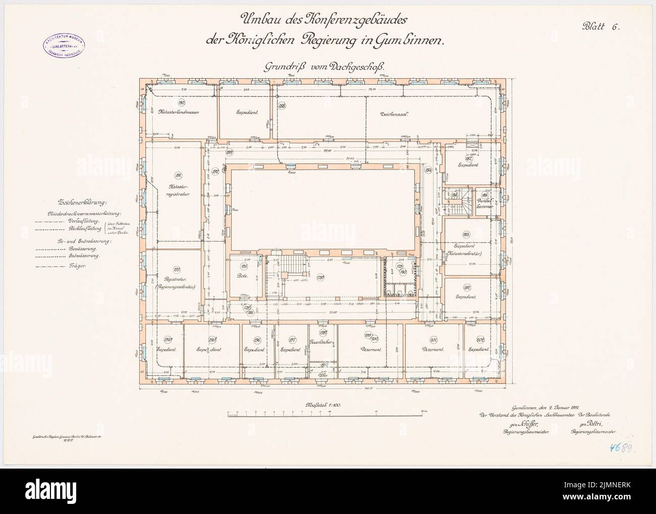 Unbekannter Architekt, Regierungsgebäude in Gumbinnen. Umbau des Konferenzgebäudes (1912): Grundriß Obergeschoß 1: 100. Lithographie, 50,5 x 70,6 cm (einschließlich Scankanten) Stockfoto