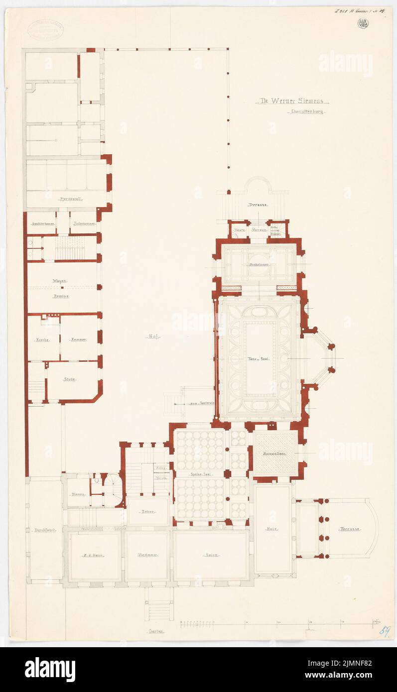 Lucae Richard (1829-1877), Villa Werner Siemens in Berlin-Charlottenburg (ca. 1863): Grundriss EG. Tusche-Aquarell auf der Schachtel, 80,4 x 49,4 cm (einschließlich Scankanten) Stockfoto