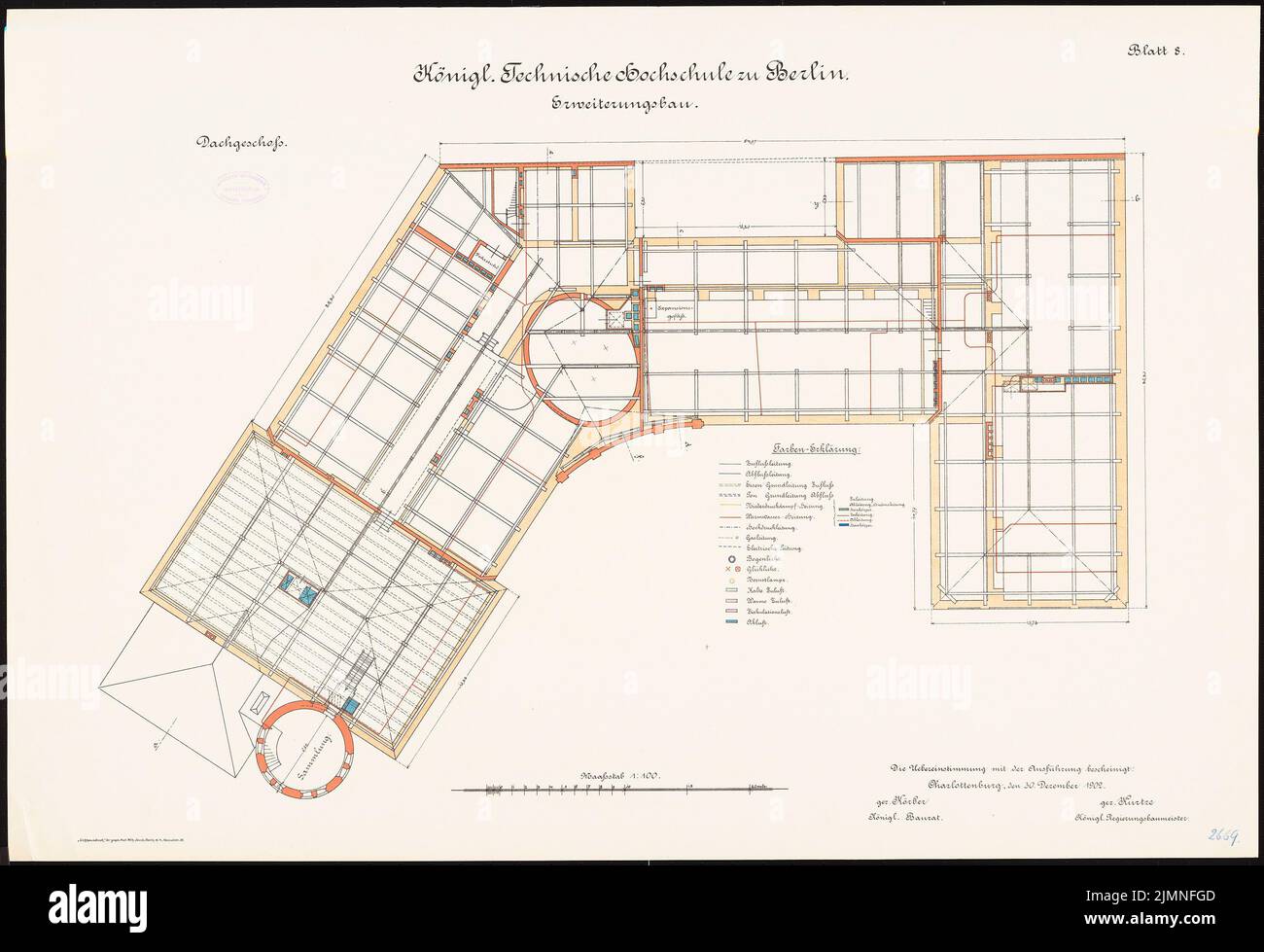 Eggert Hermann (1844-1920), Technische Universität Berlin-Charlottenburg. Erweiterungsbau (30. Dezember 1902): Grundriß (Dachgeschoss) 1: 100. Lithographie auf Karton, 68,9 x 100,6 cm (inklusive Scankanten) Stockfoto