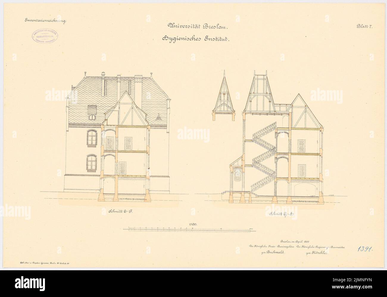 Buchwald Arthur, Universität, Breslau. Medizinische Institute in der Maxstraße. Hygienic Institute (1897-1899): Querschnitte 1: 100. Lithographie, 47 x 67,1 cm (einschließlich Scankanten) Stockfoto