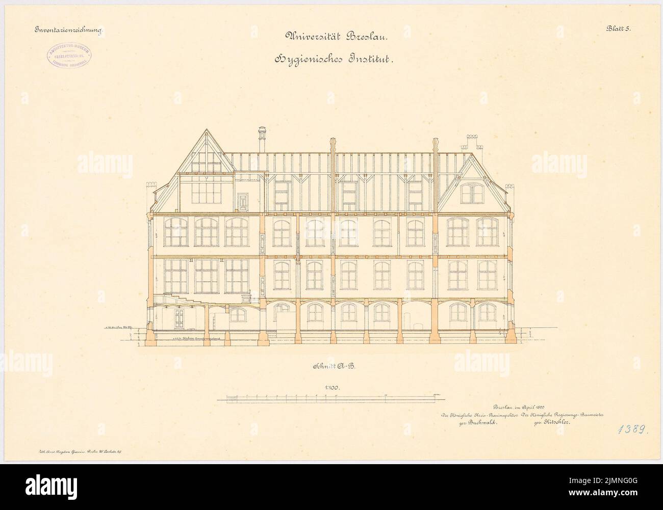 Buchwald Arthur, Universität, Breslau. Medizinische Institute in der Maxstraße. Hygienic Institute (1897-1899): Längsschnitt 1: 100. Lithographie, 46,9 x 66,9 cm (einschließlich Scankanten) Stockfoto