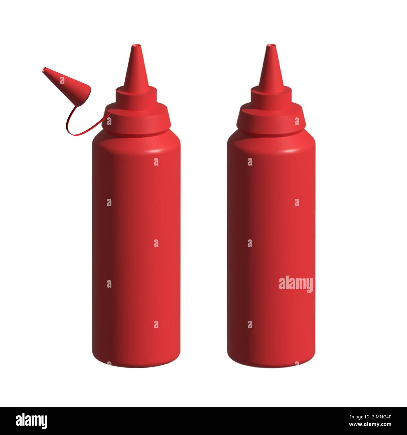 Realistische detaillierte 3D Ketchup Squeeze-Flasche mit Spritzer auf weißem Hintergrund Stockfoto