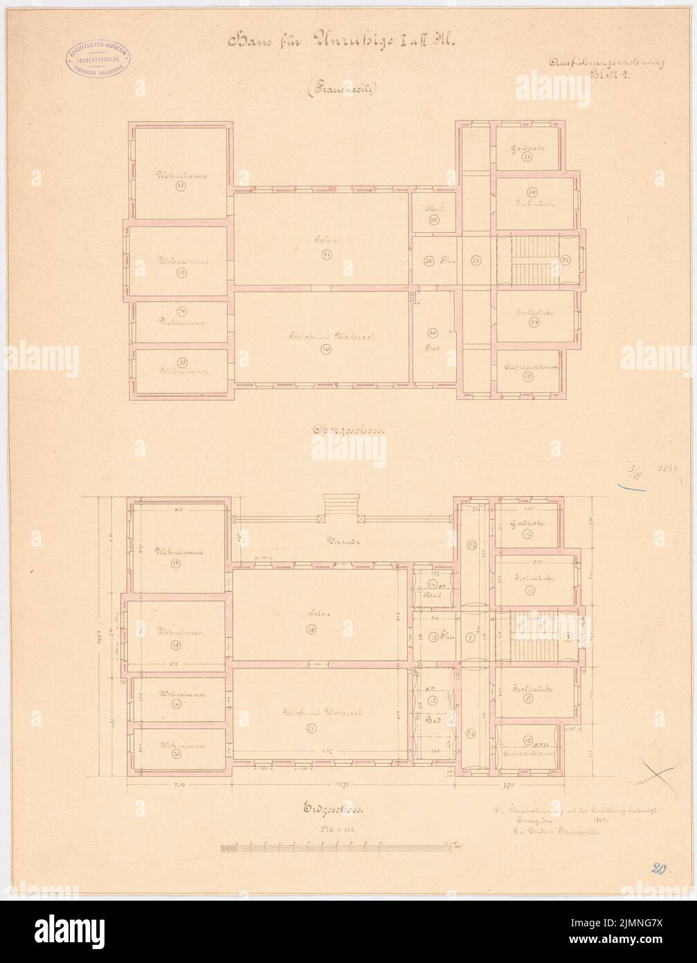 Unbekannter Architekt, Provinzial Ulenanalt in Conradstein. Haus für rastlose I. und II. Klasse - Frauenseite (1898): Lageplan Erdgeschoss, Obergeschoss 1: 100. Lithographie, 62,5 x 48,5 cm (einschließlich Scankanten) Stockfoto