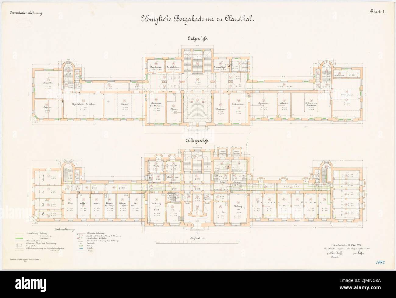 Unbekannter Architekt, Bergakademie Clausthal (22. Mai 1906): Grundriss Keller, EG 1: 100. Lithographie farbig, 68,8 x 100,6 cm (einschließlich Scankanten) Stockfoto
