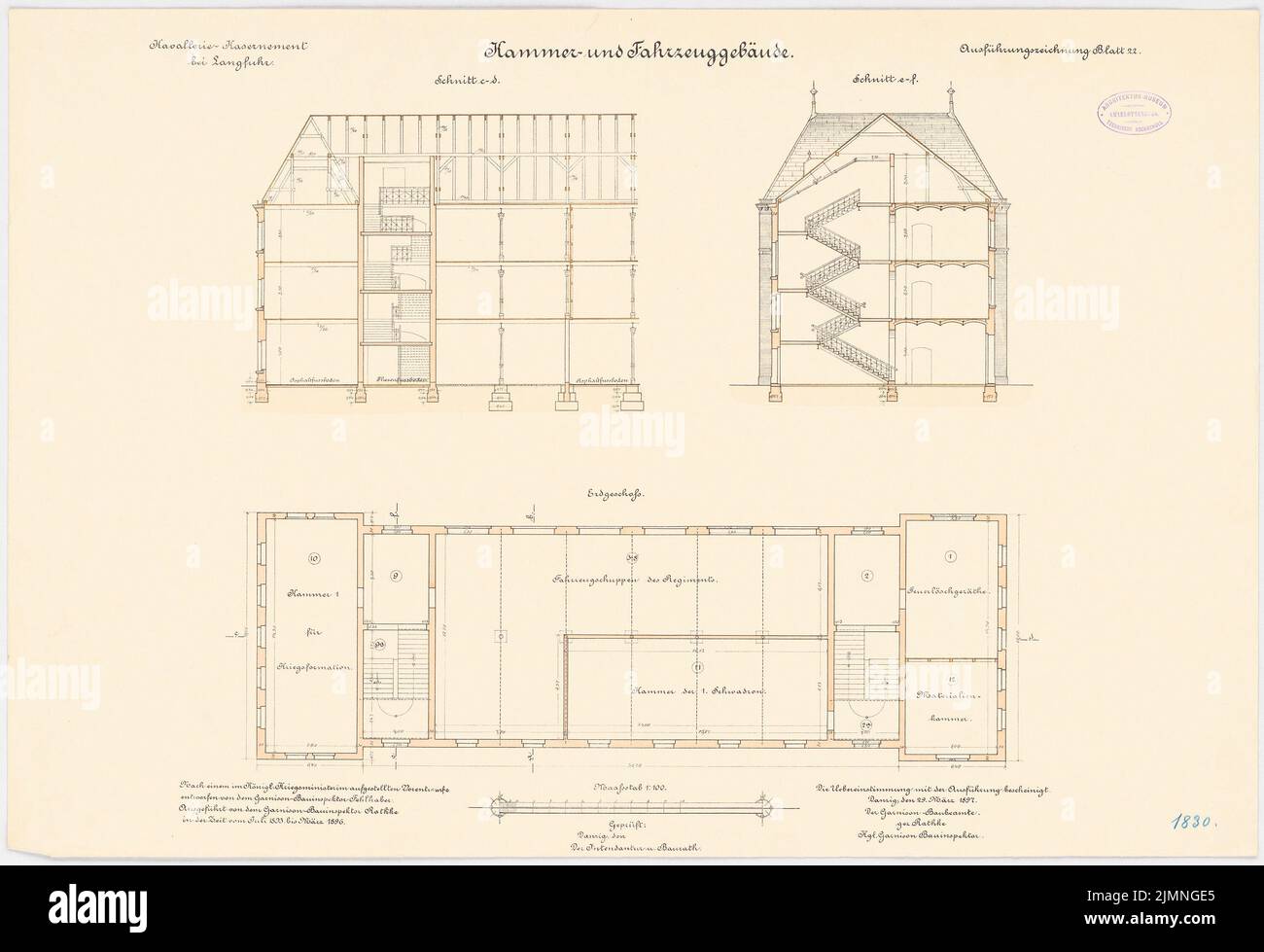 Falscher Besitzer, Kavallerie Kasernement in Danzig-Langfuhr. Kammer- und Fahrzeugbau (29. März 1897): Grundriss EG, Längsschnitt und Querschnitt 1: 100. Lithographie farbig, 52,5 x 76,8 cm (einschließlich Scankanten) Stockfoto