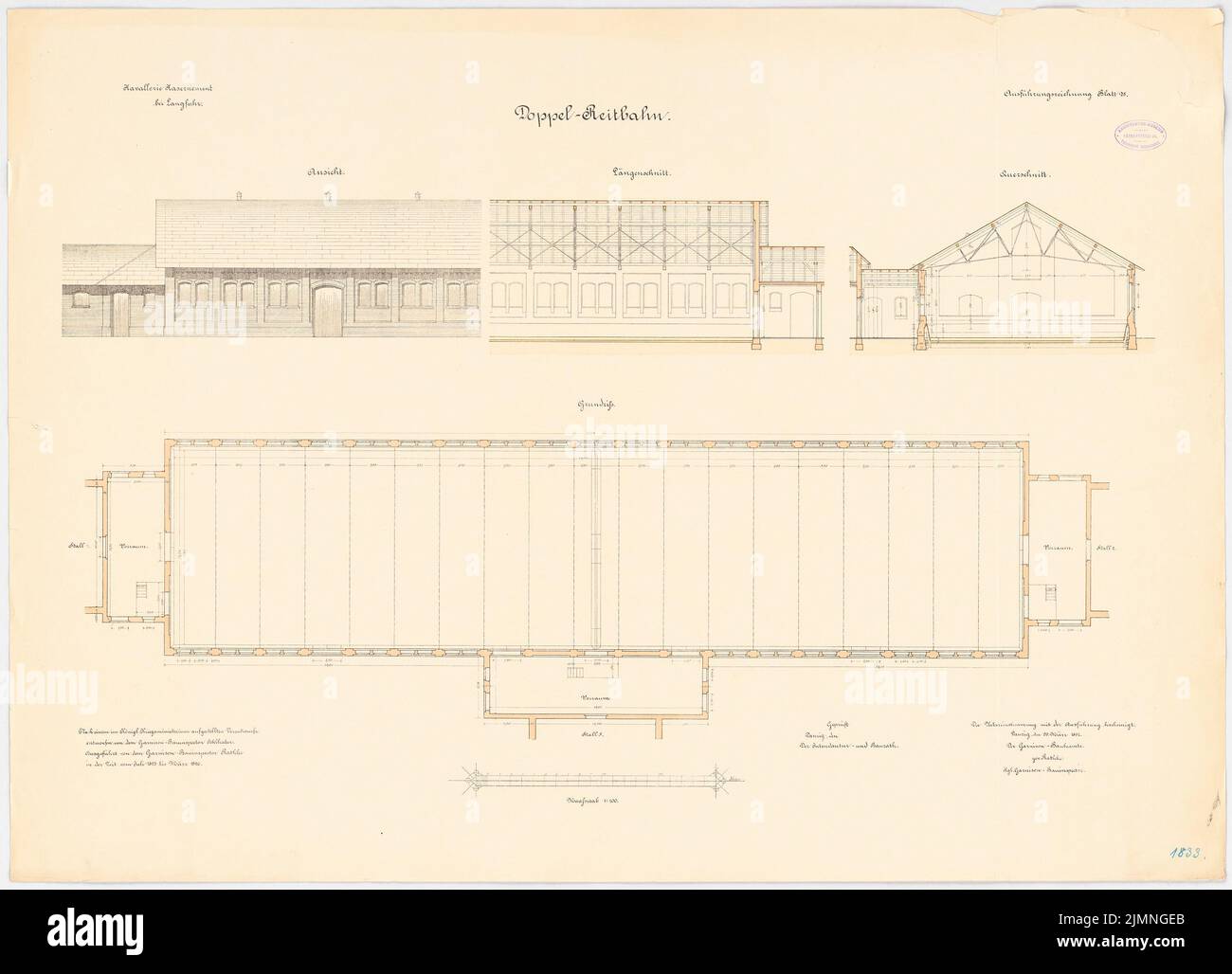 Falscher Besitzer, Kavallerie Kasernement in Danzig-Langfuhr. Doppelfahrt (29.03.1897): Grundriß, Längsschnitt und Querschnitt, Ansicht 1: 100. Lithographie farbig, 77,5 x 107,3 cm (einschließlich Scankanten) Stockfoto