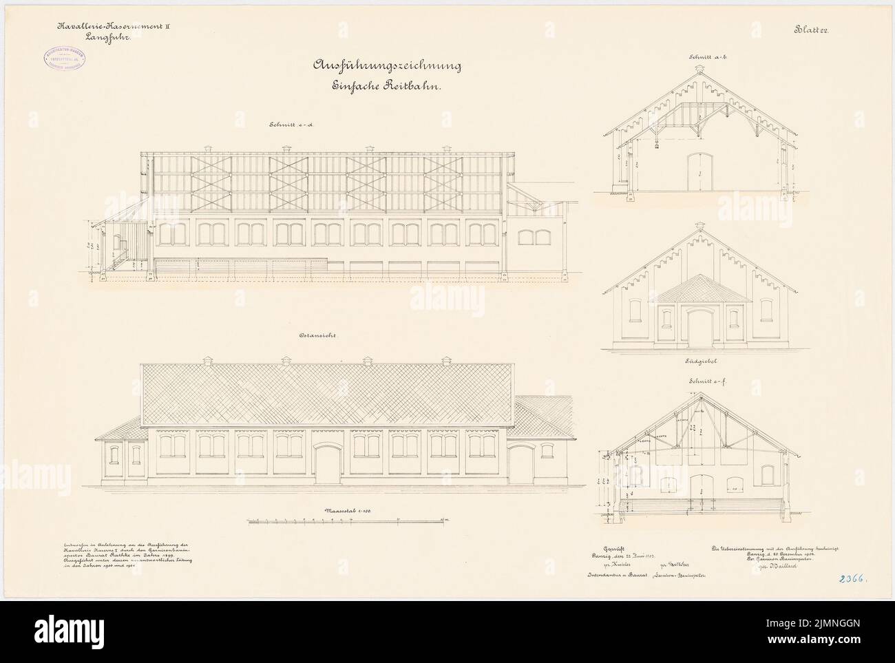 Rathke, Kavallerie Kasernement II in Danzig-Langfuhr. Einfache Reitarena (20. Dezember 1902): Längsschnitt, Querschnitte, S-, O-Ansicht 1: 100. Lithographie, 64,9 x 96,6 cm (einschließlich Scankanten) Stockfoto