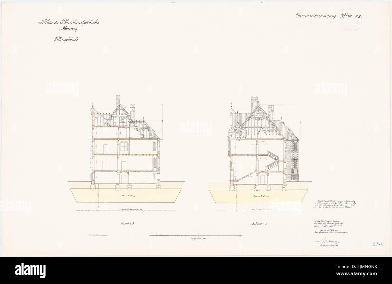 Unbekannter Architekt, Polizeidienstgebäude, Danzig. Wohngebäude (07,1905): Querschnitte 1: 100. Lithographie farbig, 61 x 92,9 cm (einschließlich Scankanten) Stockfoto