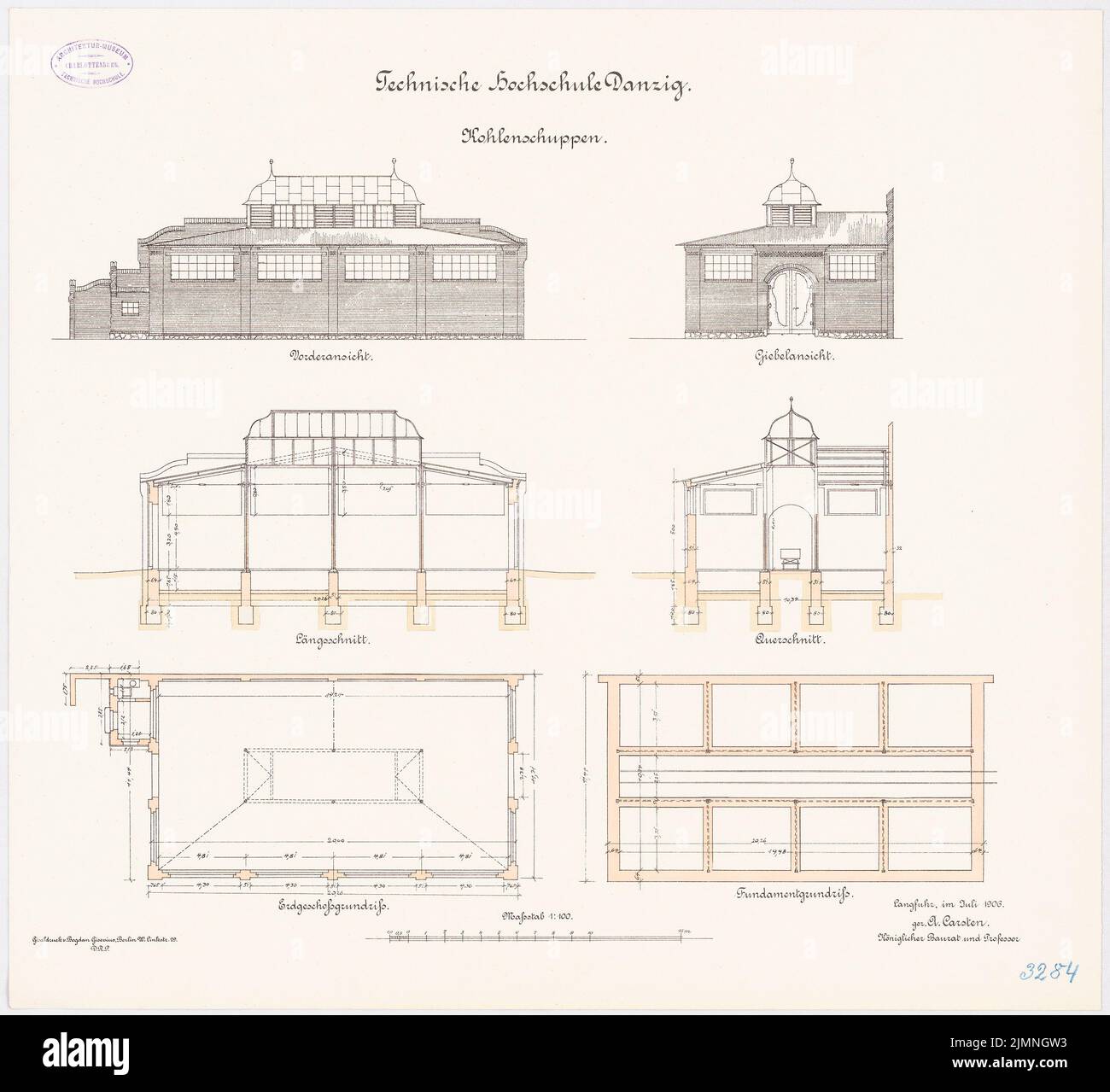 Eggert Hermann (1844-1920), Technische Universität Danzig. Kohlewaagen (07,1906): Grundrissfundamente, Erdgeschoss, Längs- und Querschnitt, Vorderansicht, Giebelansicht, 1: 100. Lithographie farbig, 55,7 x 60,9 cm (einschließlich Scankanten) Stockfoto