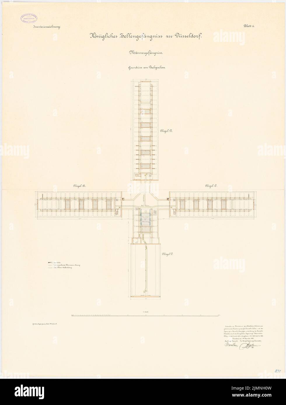 Hasenjäger Emil (geb. 1838), Zellengefängnis in Düsseldorf. Männergefängnis (01.12.1893): Lageplan DG 1: 200. Lithographie farbig, 104,3 x 78,6 cm (einschließlich Scankanten) Stockfoto