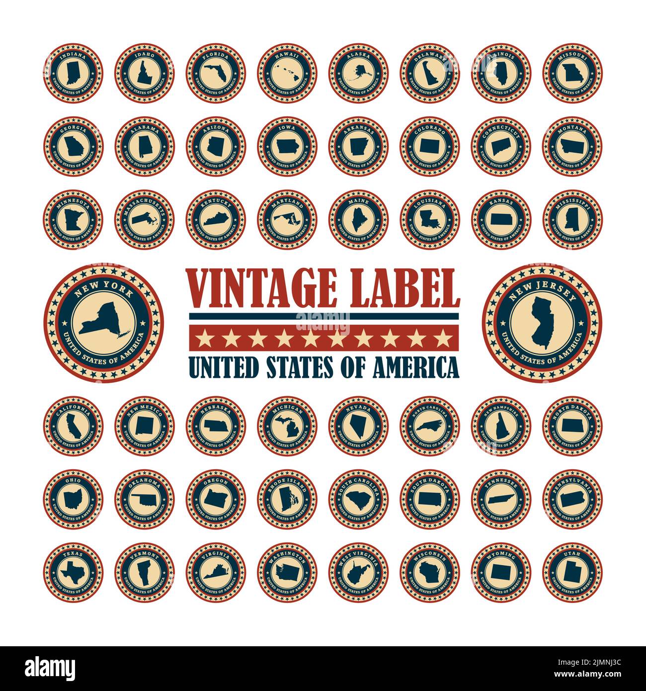 Vector setzen Vintage Label mit Karte der Staaten USA Stockfoto
