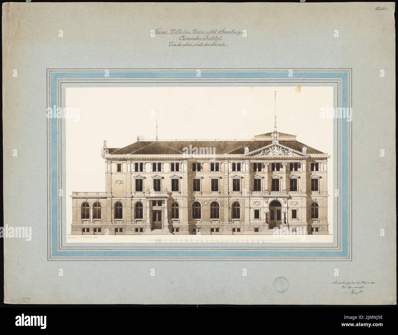 Eggert Hermann (1844-1920), Chemisches Institut der Kaiser-Wilhelm-Universität in Straßburg (25.03.1879): Blick auf die Fassade auf der Südseite. Tusche-Aquarell auf der Schachtel, 60,3 x 78 cm (einschließlich Scankanten) Stockfoto