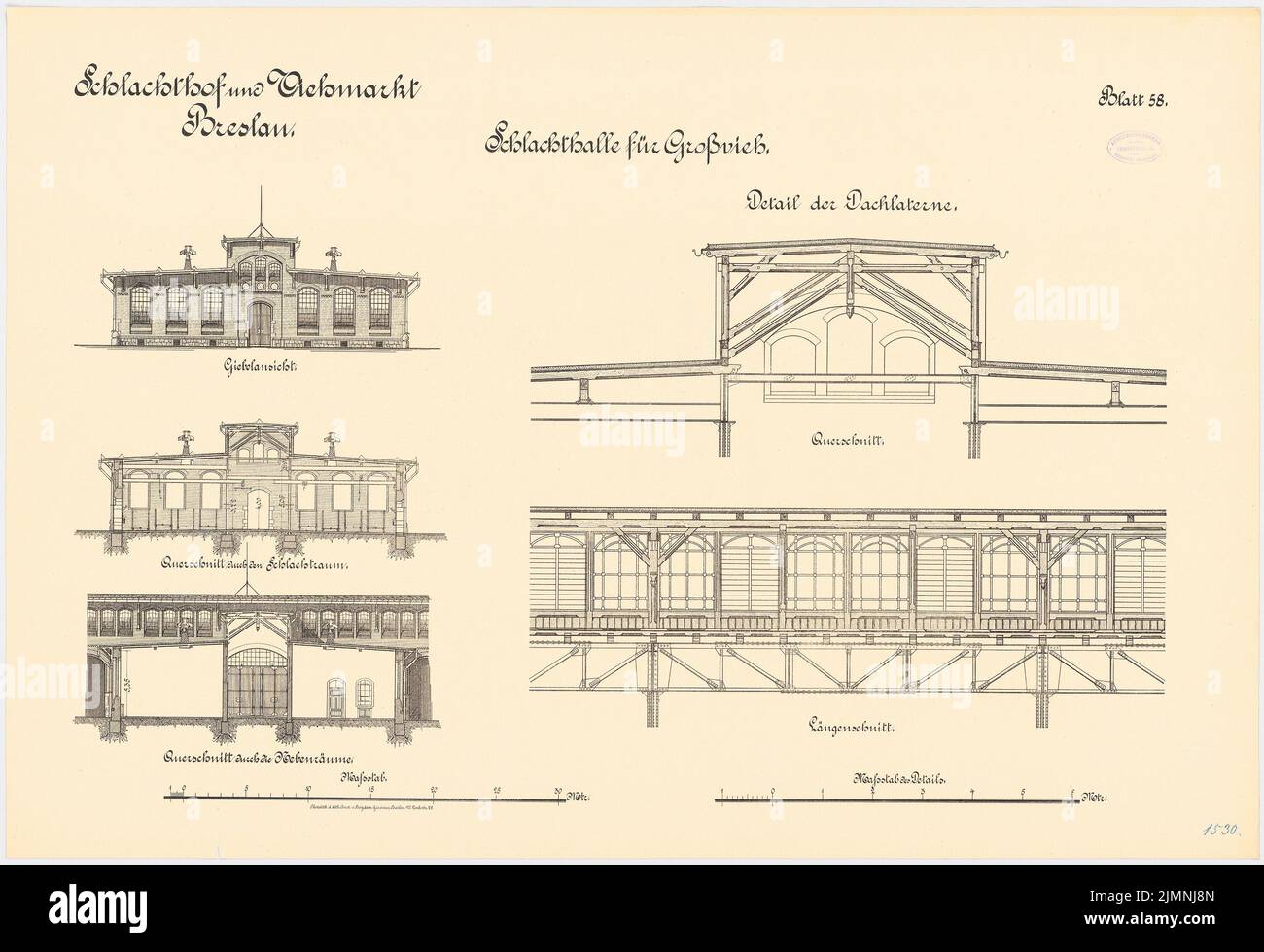 Plüddemann Richard (1846-1910), Schlachthof und Viehmarkt, Breslau. Schlachthalle für Großvieh (1894-1896): Querschnitte Giebelansicht 1: 100. Details: Dachlaterne Längsschnitt und Querschnitt 1:25. Lithographie auf Karton, 69 x 100,8 cm (inklusive Scankanten) Stockfoto