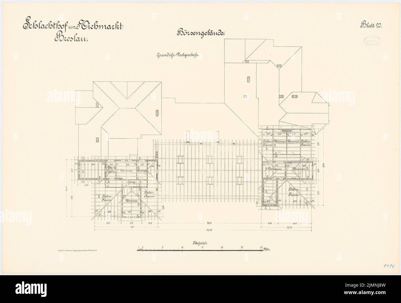 Plüddemann Richard (1846-1910), Schlachthof und Viehmarkt, Breslau. Börsenbauen (1894-1896): Grundriß Obergeschoß 1: 100. Lithographie auf Karton, 69,4 x 101,1 cm (inklusive Scankanten) Stockfoto