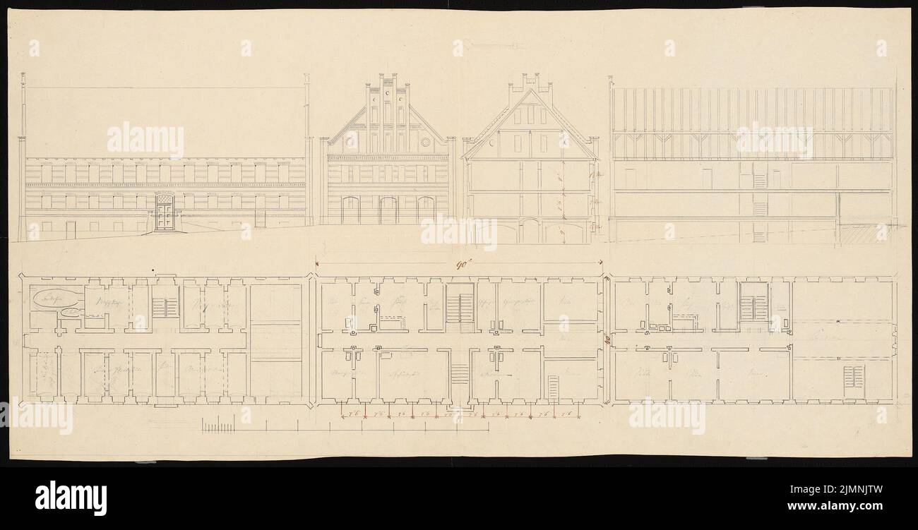 Knoblauch Eduard (1801-1865), zweistöckiges Schloss im neugotischen Stil mit abgebauten Giebeln (vor 1848): Vorder- und Seitenansicht, Schnitte, Grundriß Keller, Erdgeschoss und Obergeschoss. Tinte, 52,1 x 102,3 cm (einschließlich Scankanten) Stockfoto