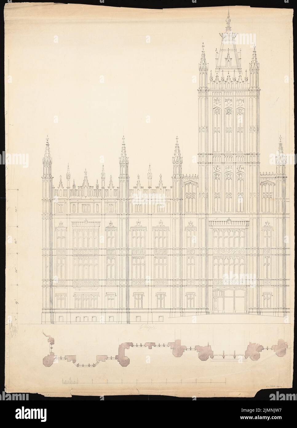 Knoblauch Eduard (1801-1865), zweistöckiges Schloss auf trapezförmiem Grundriß (12,1851): Grundriß Erdgeschoss und Obergeschoss, Schnitte. Tusche Aquarell, 76,9 x 57,1 cm (einschließlich Scankanten) Stockfoto