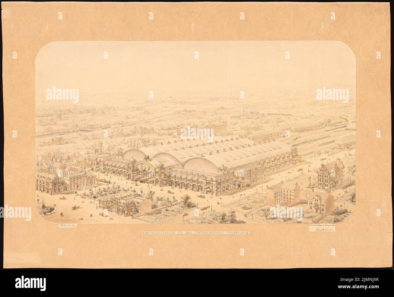 Eggert Hermann (1844-1920), Hauptbahnhof in Frankfurt am Main. Empfangsgebäude (11,1880): Perspektivische Ansicht (Vogelschau). Tusche-Aquarell auf der Schachtel, 71,3 x 104 cm (einschließlich Scankanten) Stockfoto