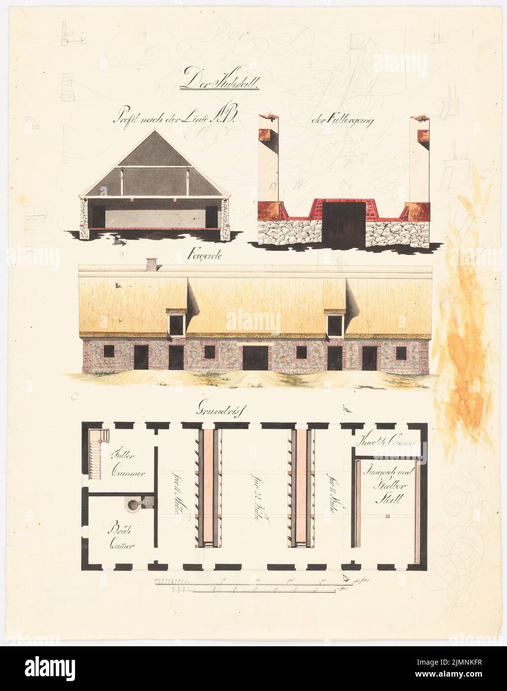 Unbekannter Architekt, Kuhstall (ca. 1800): Oben, 2 Fassadenschnitt, Detail des Zuführdurchgangs (keine Verbindung zu Inv.-Nr. L 1116, S. Tinte, Bleistift, Wasserfarben auf Papier, 40,4 x 31,7 cm (einschließlich Scankanten) Stockfoto