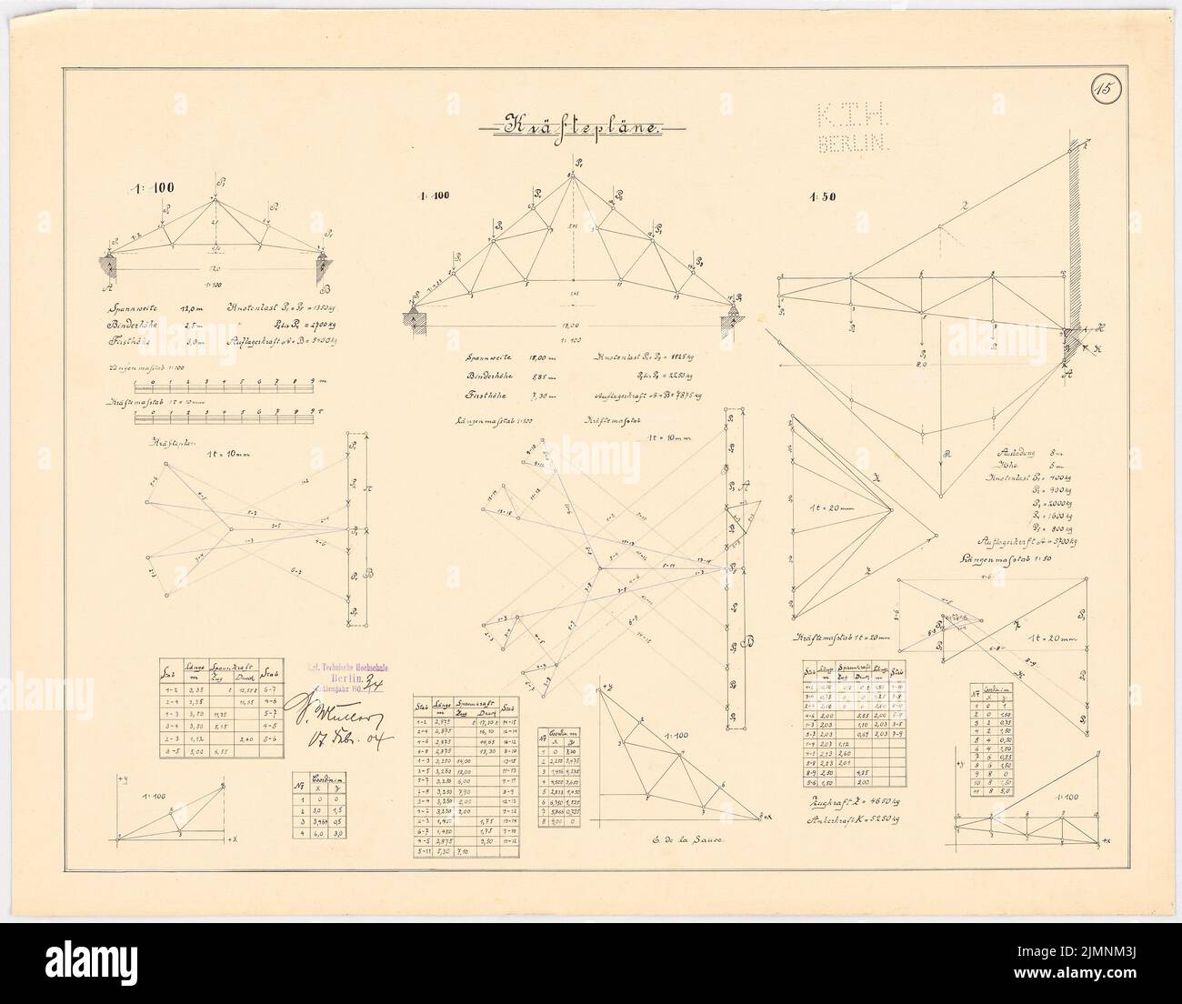 Sauce Eugen de la, Studien zur Statik (07.02.1904): Die Pläne der Menschen. Statische Berechnungen, geometrische Konstruktionen und Tabellen. Tinte, Tinte farbig auf Karton, 51,7 x 66,2 cm (inklusive Scankanten) Sauce Eugen de la : Studien zur Statik Stockfoto