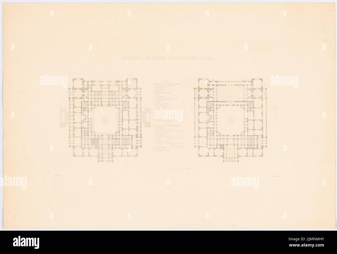 Lange Ludwig (1808-1868), Fürstenhaus der Wittelsbacher in München. (Aus: L. lange, Werke höherer Architektur, 1846/1847) (1846): Grundriß 1. und 2.. Druck auf Karton, 44,1 x 64,4 cm (inklusive Scankanten) lange Ludwig (1808-1868): Werke der höheren Baukunst, Darmstadt 1846/47. Fürstenwohnhaus für die Wittelsbacher, München Stockfoto