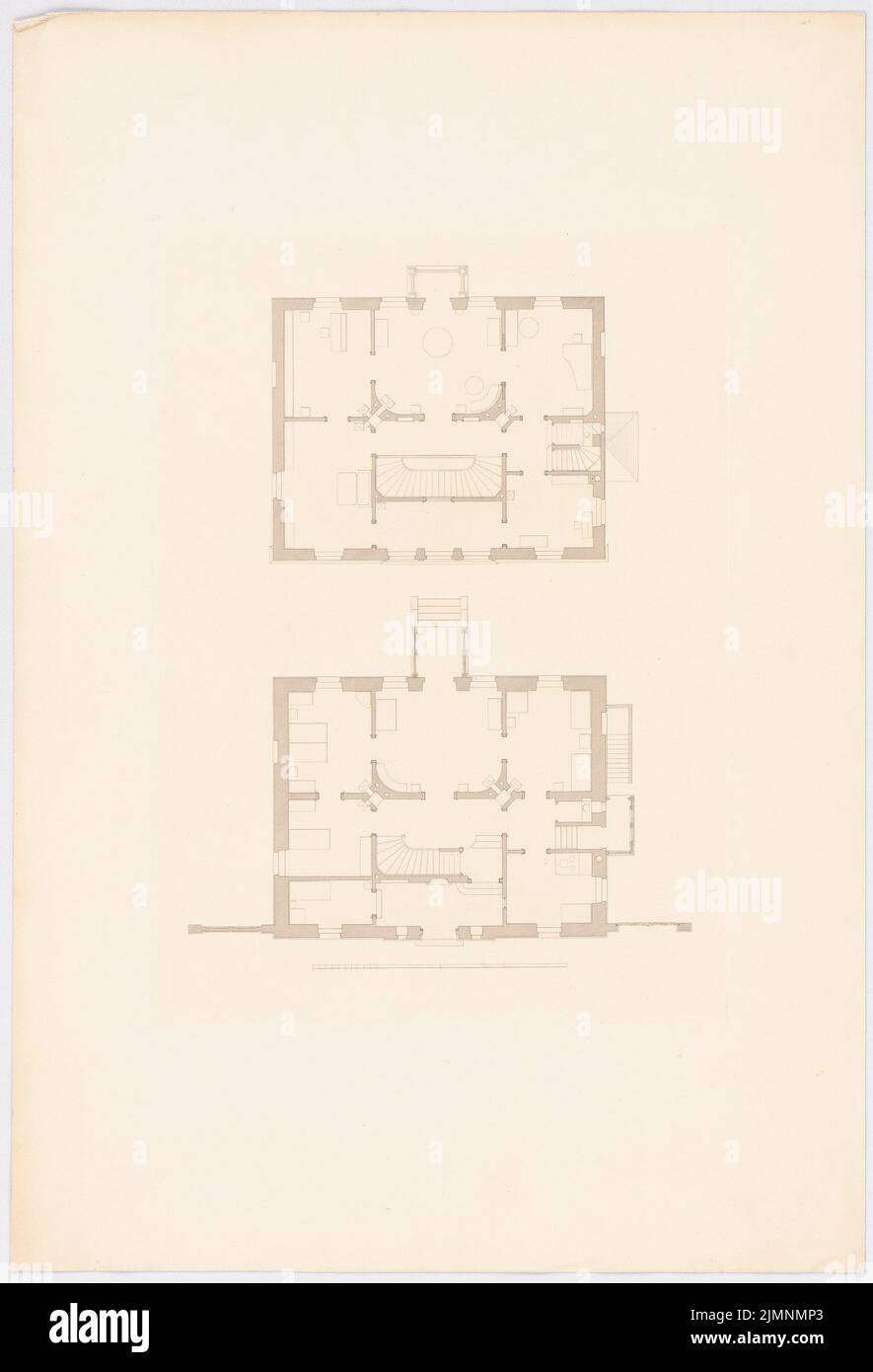 Lange Ludwig (1808-1868), Villa. (Aus: L. lange, Werke höherer Architektur, 1860) (ohne Datum): Grundrisse Erdgeschoss, Obergeschoss. Druck auf Karton, 64,6 x 44 cm (inklusive Scankanten) lange Ludwig (1808-1868): Werke der höheren Baukunst, Darmstadt 1846/47. Villa Stockfoto