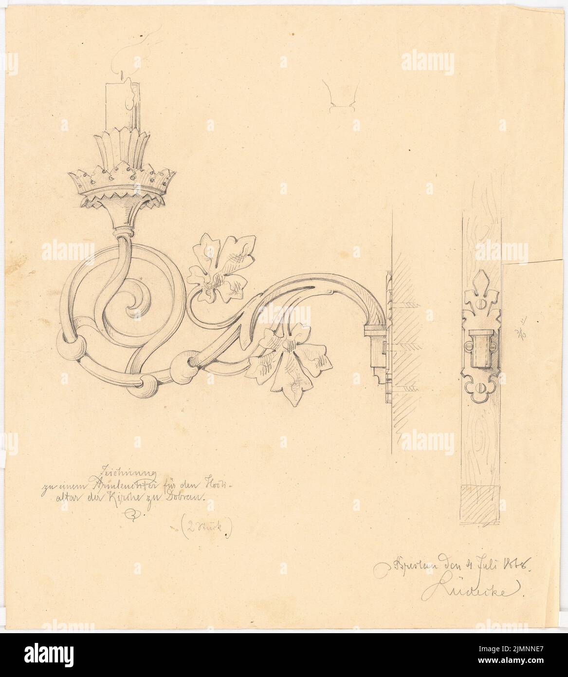 Lüdecke Carl Johann Bogislaw (1826-1894), Kirche in Dobrau. 2. Projekt (04.07.1868): Armleuchter für den Hochaltar in Seitenansicht und Vorderansicht; (wahrscheinlich) 1: 1. Bleistift auf Karton, 48,7 x 43,8 cm (inklusive Scankanten) Lüdecke Carl Johann Bogislaw (1826-1894): Kirche, Dobrau. 2. Projekt Stockfoto